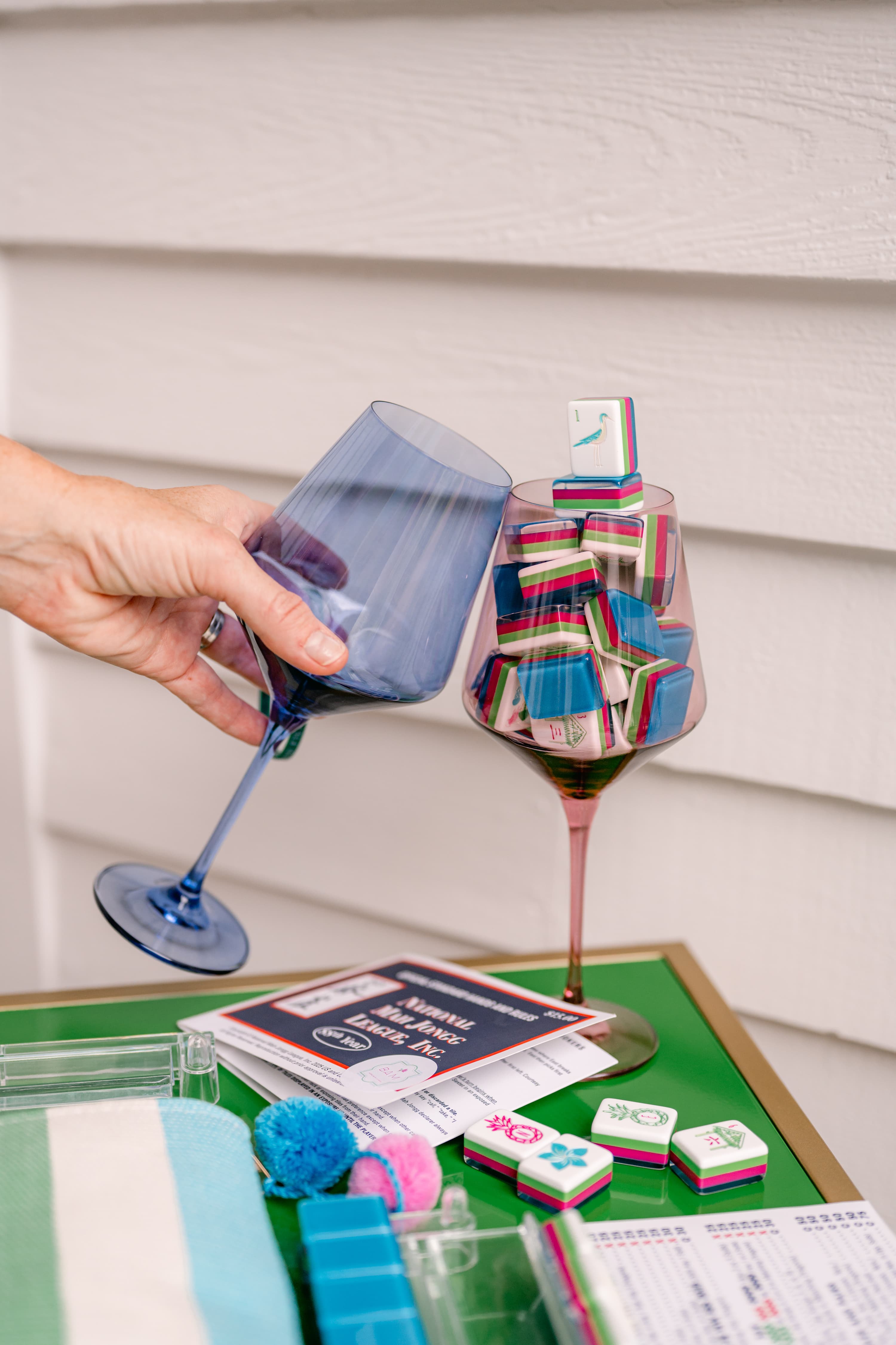 Wine glasses with colorful Mahjong tiles