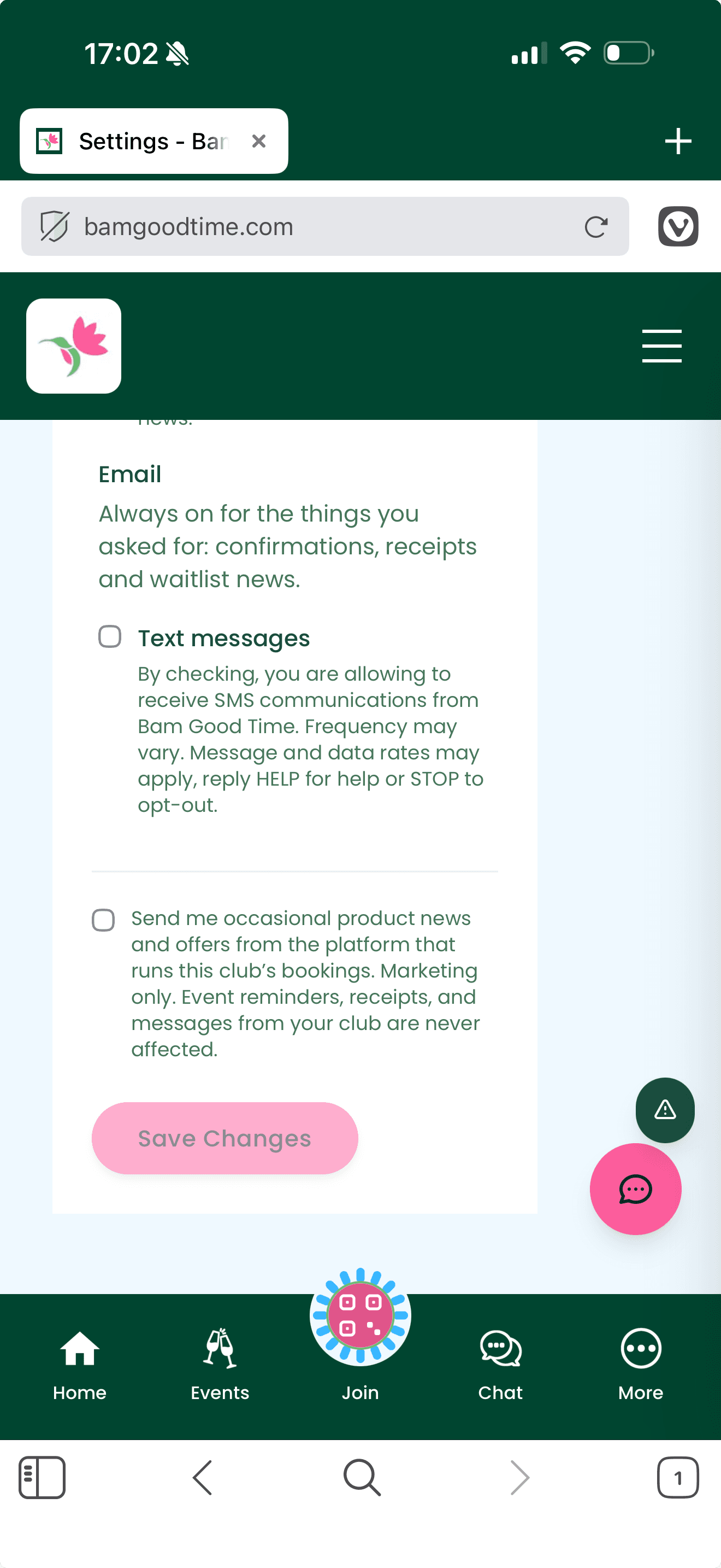 Screenshot of the Bam Good Time account settings screen showing the unchecked Text messages consent checkbox with its full disclosure text beneath it